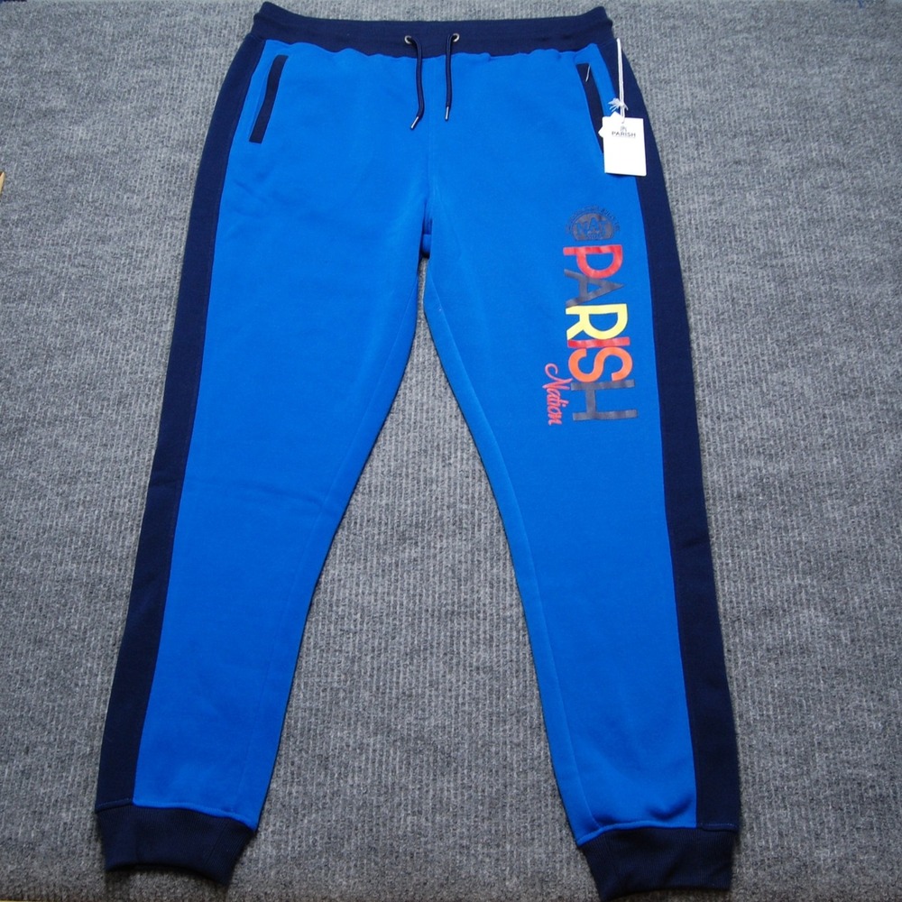 Parish Nation Fleece Sweatpants Mens 3XL Blue Joggers Side Stripe Athletic Logo